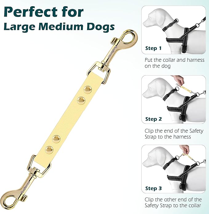 PetBonus Dog Collar Safety Clip, Waterproof Backup Safety Strap for Dog Harness to Prong Collar, Odor Proof Double Ended Clasp Leash Connector for Training Walking (Sand)