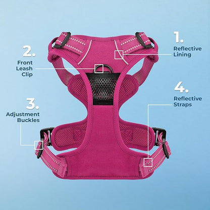 Voyager Dog Harness Dual Leash Attachment No-Pull Control Adjustable Soft but Strong Pet Harness for Medium and Large Dogs with 3M Reflective Technology, Leash Set Fuchsia Nylon, S (Chest: 16-20")