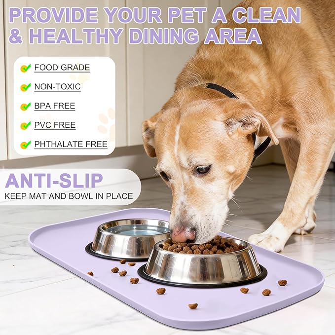 Smilool Silicone Pet Food Mat with Raised Edge for Food and Water Bowl, Dog Feeding Mats, Cat Food Trays for Floor Waterproof, Rubber Tray for Dogs and Cats, 24 x 16 x 0.8 Light Purple