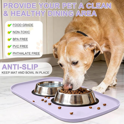Smilool Silicone Pet Food Mat with Raised Edge for Food and Water Bowl, Dog Feeding Mats, Cat Food Trays for Floor Waterproof, Rubber Tray for Dogs and Cats, 24 x 16 x 0.8 Light Purple