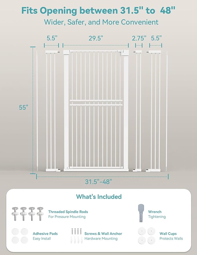 No Pawblems 55" Extra Tall Pet Gate for Cat/Dog, 31.5-48" Wide Auto Close Tall Cat Gate with 25.6" Wide Walk-Thru Door Opening, 1.37" Ultra Narrow Spacing, NO Drilling Pressure Mounted, White
