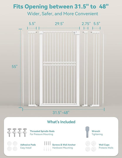 No Pawblems 55" Extra Tall Pet Gate for Cat/Dog, 31.5-48" Wide Auto Close Tall Cat Gate with 25.6" Wide Walk-Thru Door Opening, 1.37" Ultra Narrow Spacing, NO Drilling Pressure Mounted, White