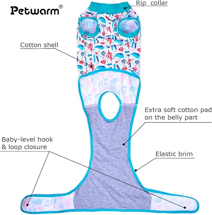 PetWarm Dog Neuter Recovery Suit Male, Recovery Suit for Dogs After Surgery, Recovery Shirt for Dog Abdominal Wounds Bandages Cone E-Collar Alternative, Underwater World Pattern, Blue, XS