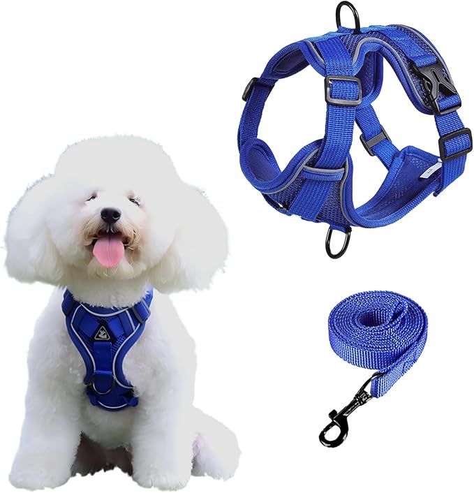 SOLMOONY Small Dog Harness,Soft Mesh Puppy Harness and Leash Set,No Escape Cat Harnesses for Training Walking,Reflective Adjustable Puppy Vest for Small Medium Dogs, Cats (Navy Blue, M)