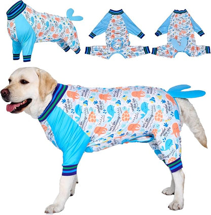 LovinPet Dog Recovery Suit - Medium Large - Dog Bodysuit for Abdominal Wound After Surgery Anti Licking Abdominal Wound Surgical Clothes Post-Operative Vest E-Collar Alternative,Whale,Blue,M