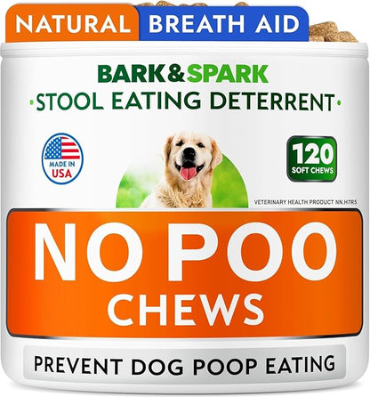 BARK&SPARK NO Poo Treats - Prevent Dog Poop Eating - Coprophagia Treatment - Stool Eating Deterrent - Probiotics & Enzymes - Digestive Health + Breath Aid - Made in USA - (120 Ct - Chicken)