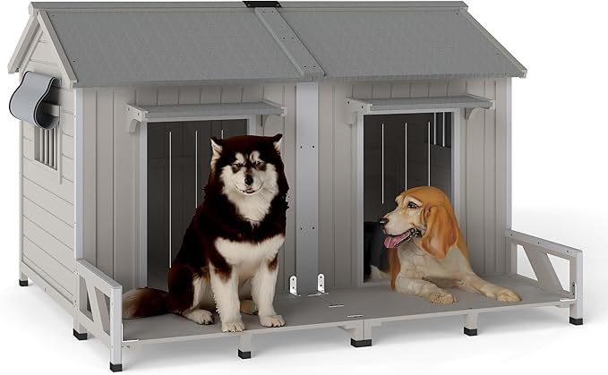 PetsCosset 59.4" L Large Dog House Outdoor & Indoor,Fir Wood Dog Kennel with Weatherproof Openable Asphalt Roof,Spacious Doghouse with Anti-Chewing Metal Edges for Small & Medium & Large Dogs,Grey
