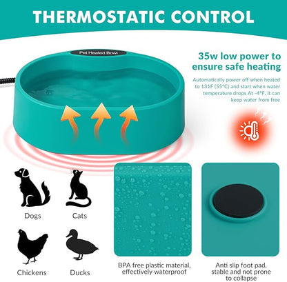 125 OZ/3.7L Heated Water Bowl, Large Heated Dog Bowls for Outside, Safety Listed Heated Pet Bowl with Anti-Chew Cord for Dog, Chicken,Duck,Cat Drinking Water in Winter, Anti-Slip Base