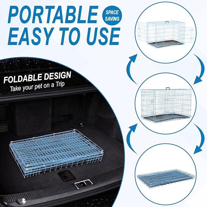 Dog Crate, Wire Kennel with Divider Panel, Metal Cages with Double Door, Leak-Proof Pan Tray, Folding Portable Pet Dog Cage for Indoor Outdoor Travel (Blue, 48")
