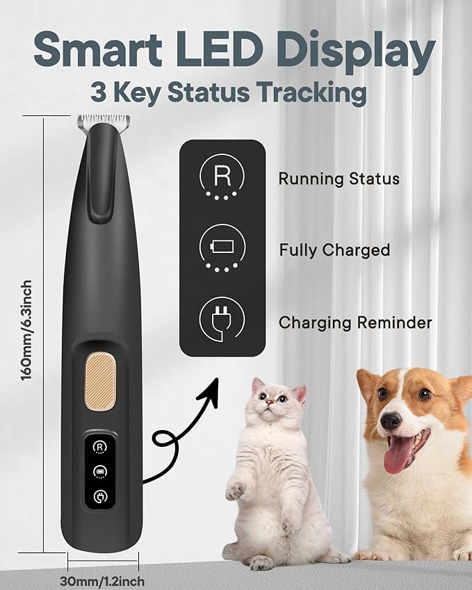 FURBONA Upgraded Dog Paw Trimmer with LED Light, 18 mm Widen Blade, 35 dB Low Noise, LED Display, Fully Waterproof, Rechargeable Clipper for Dogs Cats Trimming Paws, Eyes, Ears, Face, and Rump (Black)