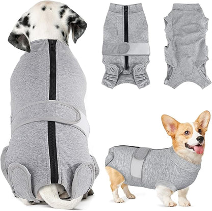 Lukovee Recovery Suit for Dogs, Zipper On Recovery Suit for Female Male Dog, Onesie Abdominal Wounds Cone E-Collar Alternative Prevent Licking Spay Recovery Suit (XS, GY)
