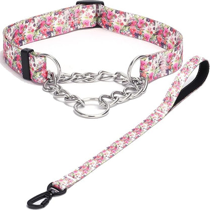 Martingale Dog Collar with Stainless Steel Chain - Limited Chain Cinch Training Collar for No Pull Training Dog - Flower Multicolor Cute Patterns - Premium No Slip Collar (S, Peony Set)