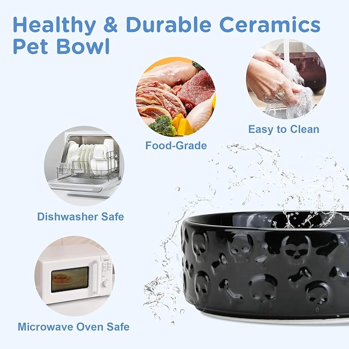 SPUNKYJUNKY Elevated Dog Bowls Ceramic, 8.3'' Dogs Food Water Bowls Raised with Non-Slip Bamboo Stand for Large Sized Breed Microwave Dishwasher Safe - 60 OZ,Skull Black