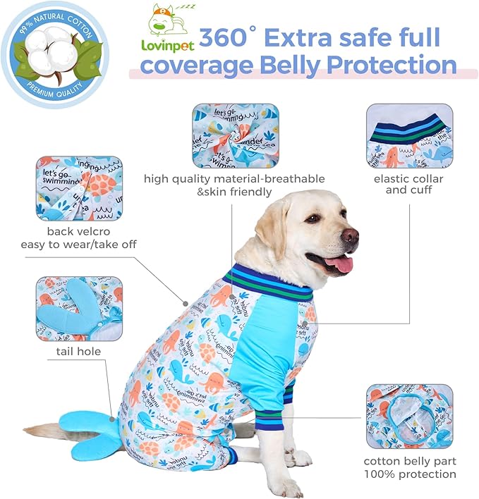 LovinPet Dog Recovery Suit - Medium Large - Dog Bodysuit for Abdominal Wound After Surgery Anti Licking Abdominal Wound Surgical Clothes Post-Operative Vest E-Collar Alternative,Whale,Blue,L