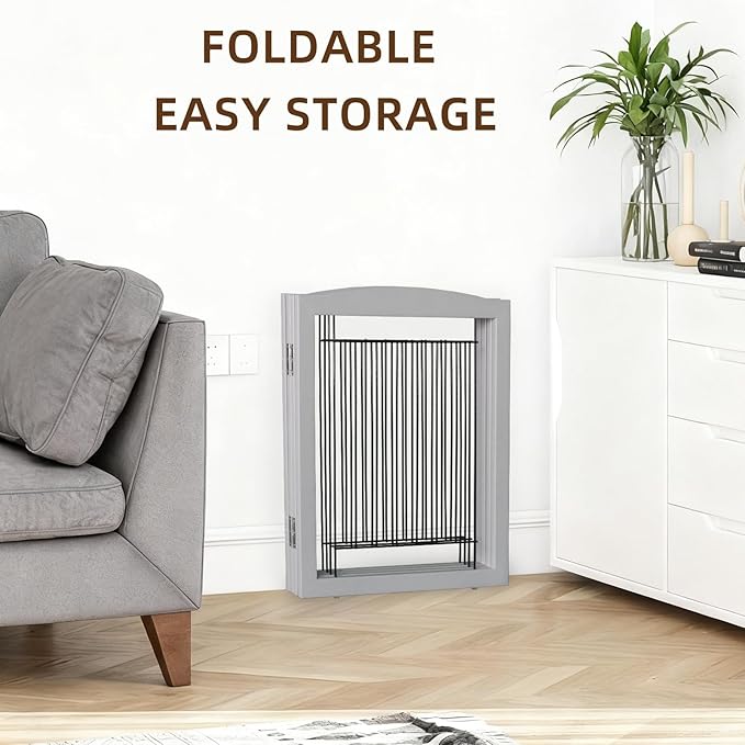 ZJSF Freestanding Foldable Dog Gate for House Extra Wide Wooden Grey Puppy Gate Stairs Dog Gates Doorways Tall Pet Gate 24" Height 6 Panels Pet Fence