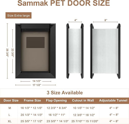 Extra Large Dog Door for Wall, Heavy Duty Dog Door with Aluminum Frame and Telescoping Tunnel, Two Magnetic Flaps and Two Sliding Lock Panels, Up to 220lbs, Black.