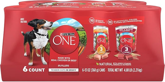 Purina ONE Tender Cuts in Gravy Chicken and Brown Rice, and Beef and Barley Entrees Wet Dog Food Variety Pack - (2 Packs of 6) 13 oz. Cans