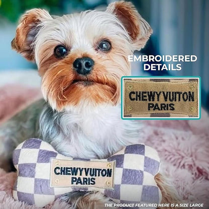 Haute Diggity Dog Chewy Vuiton Bone Plush Squeaky Dog Toy, Soft Durable Designer-Inspired Stuffed Puppy Chew Toys for Small & Medium Dogs, Machine-Washable (Tan Checker) Small