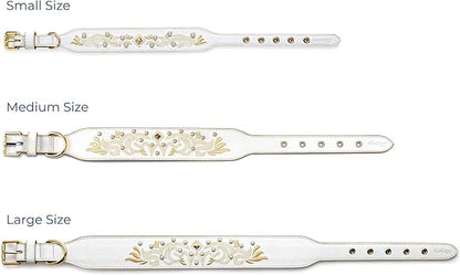Blueberry Pet Western Genuine Leather Dog Collar for Medium Breeds, Pearl White - Floral Embroidery, Pearl Studs, Adjustable 15-18 Inch Neck, Dog Collars for Medium Dogs