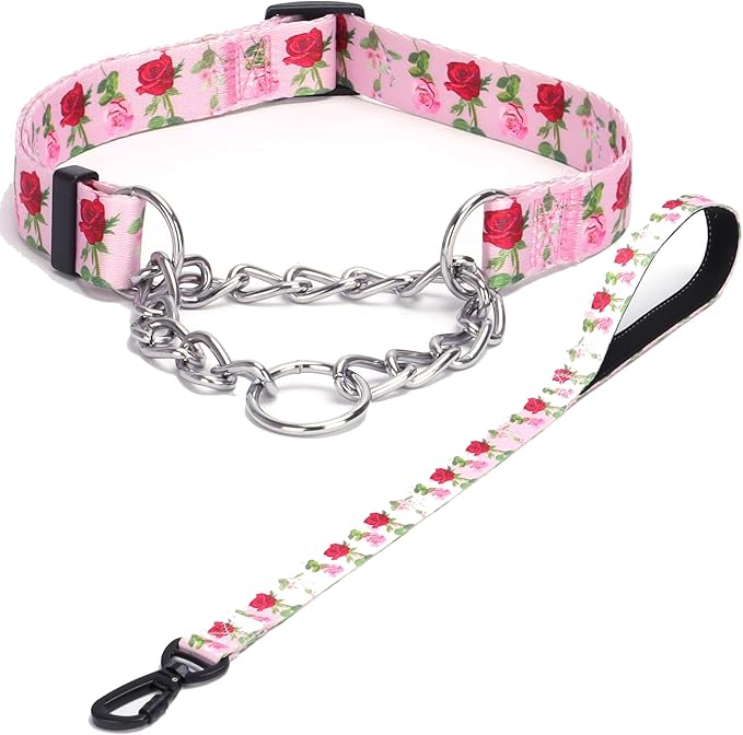Martingale Dog Collar with Stainless Steel Chain - Limited Chain Cinch Training Collar for No Pull Training Dog - Flower Multicolor Cute Patterns - Premium No Slip Collar (S, Roses Set)