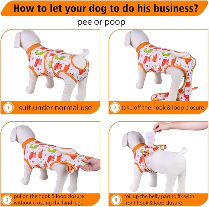 PetWarm Post Surgery Dog Onesie Female, Surgical Recovery Suit for Dogs, Professional Dog Recovery Shirt Abdominal Wounds Bandages Substitute E-Collar and Cone, Dinosaur Pattern, Yellow, M