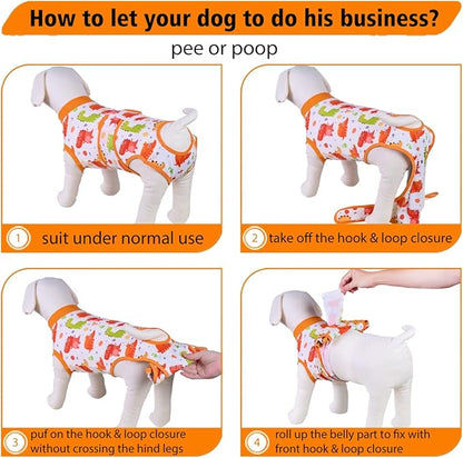 PetWarm Dog Surgery Suit, Onesies for Dogs, Professional Dog Abdominal Wounds Bandages Substitute E-Collar and Cone, Anti-Licking Surgical Recovery Suit for Dogs, Dinosaur Pattern, Yellow, L