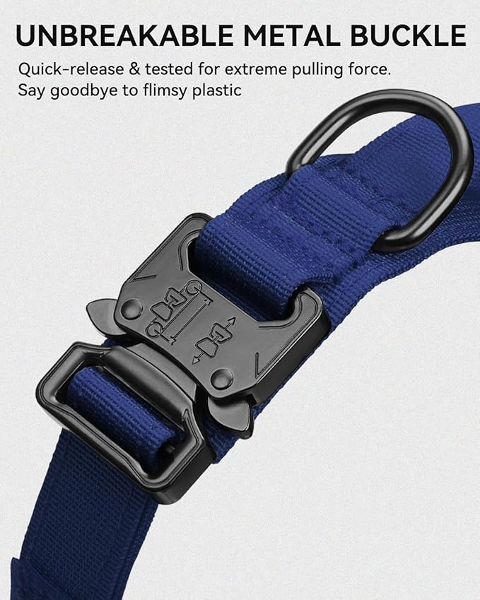Joytale Tactical Dog Collar with Handle and Metal Buckle, Heavy Duty Padded Military Collar with 2 Patches for Training, Adjustable for Large Dogs, Navyblue, L