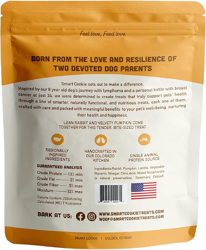 Smart Cookie All Natural Dog Treats - Rabbit & Pumpkin - Training Treats for Dogs & Puppies with Allergies, Sensitive Stomachs - Soft Dog Treats, Grain Free, Chewy, Human-Grade, Made in USA - 5oz Bag