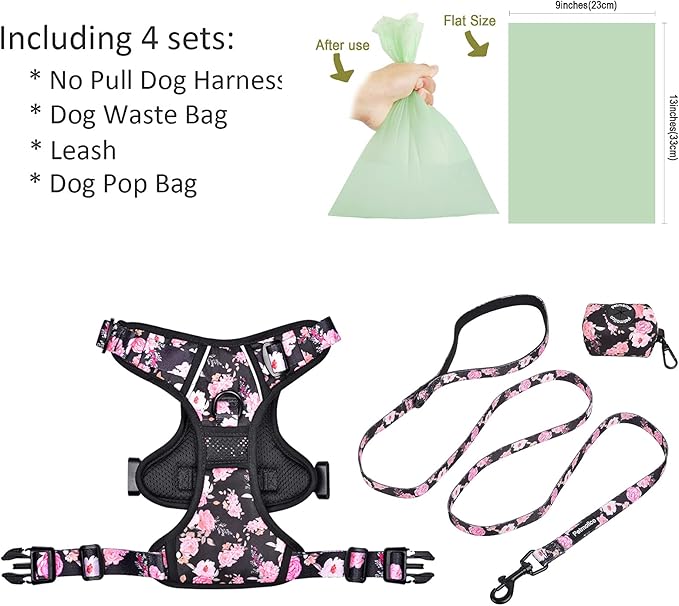 Petmolico No Pull Dog Harness Set with Leash Attachment Easy Control Handle Reflective Harness Vest Small Breed, Puppy Vest and Leash Set with Poop Bag Holder, Medium - Pink Rose