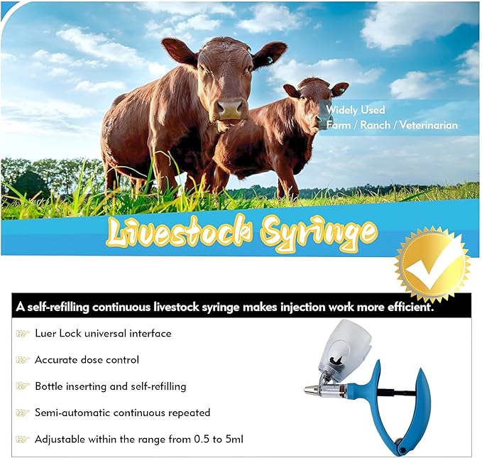 Veterinary Cattle Syringe Gun, Adjustable Bottle Continuous Syringes Injection Animal Injector for Poultry Livestock(F,2ML)