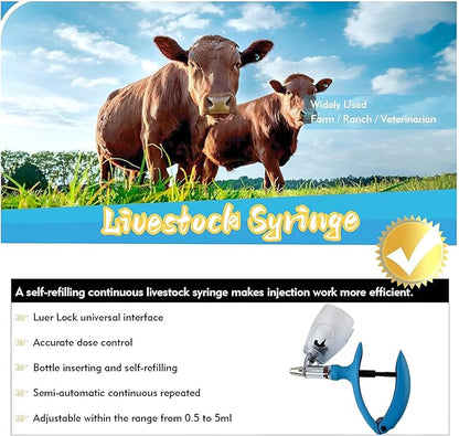 Livestock Continuous Syringes, Adjustable Veterinary Injection Gun with Bottle Insertion, Precision Injector for Poultry(B,2ML)
