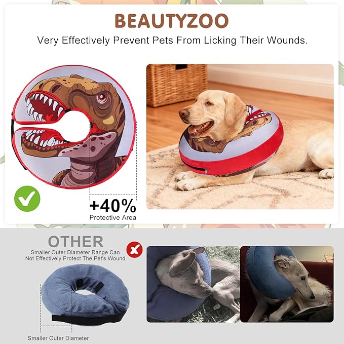 BEAUTYZOO Dog Cone Alternative After Surgery for Large Medium Small Dogs, Soft Inflatable Cone Collar for Dogs Cats, Pet Neck Donut E Collar Dog Recovery Collars to Stop Licking, Dinosaur, L