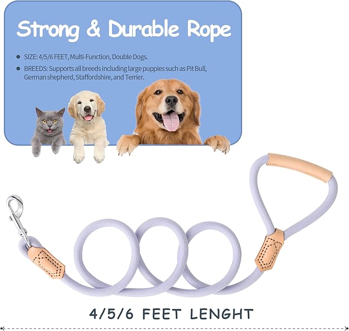 Mile High Life Leather Dog Leash, Heavy Duty Strong Genuine Leather Handle Rope Leash Soft and Comfortable for Small Medium Large Dogs (Purple, 72 Inch)