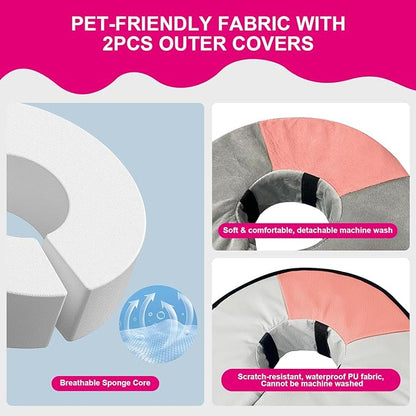 Sponge Core Dog Cat Cone Collar for After Surgery Recovery, Inflatable Dog Cone Alternative, Lainergie Dogs Donut Collar Adjustable with 2PCS Cover for Large Medium Small Dogs Cats (Grey+Pink, L)