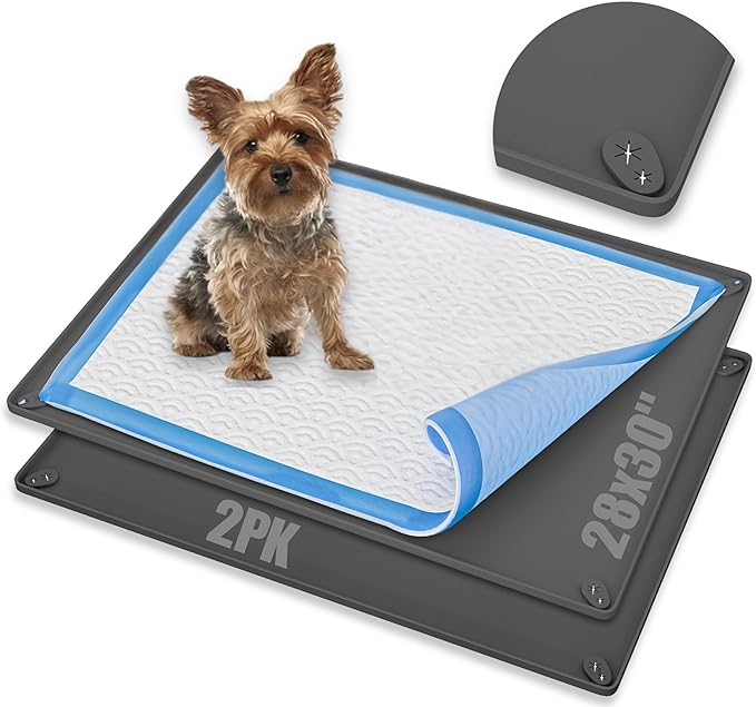 TidyFriend 2 Pk Pee Pad Holder Tray for 28” x 23” Pee Pads with Corner Lock Holes, Raised Edges, Non-Spill, Easy to Clean Silicone Dog Potty Tray Holder, for Indoor Floor Protection (Grey)