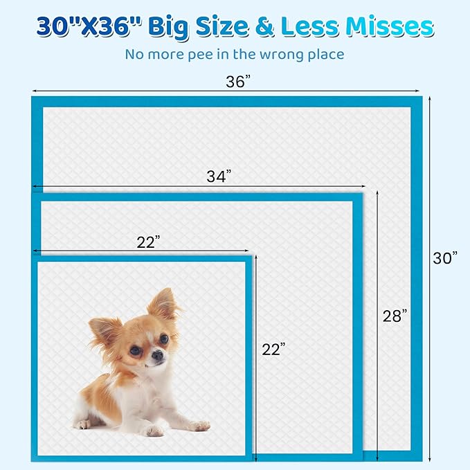 Upgrade Leak-Proof Pet Training and Puppy Pads, Jumbo Pee Pads for Dogs with Thicken Polymer Heavy Absorbency, Quick Dry Disposable Pee Pads for Cats Dogs (50, Regular 30''x36'')