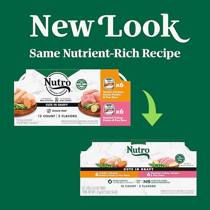 Nutro Natural Choice Cuts in Gravy Wet Dog Food, Grain Free Dog Food Wet Chicken and Turkey Recipes Variety Pack, 3.5 oz. Trays (12 Count, Pack of 2)