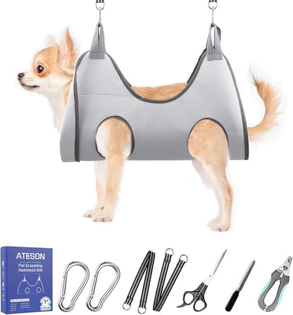 ATESON Pet Dog Grooming Hammock Harness for Medium Dogs Nail Trimming, Dog Sling for Cutting Nails, Dog Hanging Holder Hanger with Nail Clippers, Nail File, Scissors