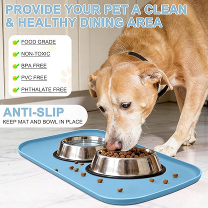 Smilool Silicone Pet Food Mat with Raised Edge for Food and Water Bowl, Dog Feeding Mats, Cat Food Trays for Floor Waterproof, Rubber Tray for Dogs and Cats, 19 x 12 x 0.7 Light Blue