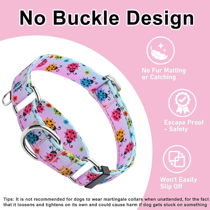 Reflective Martingale Collar for Dogs Nylon Training Collar with No Buckle, No Pull Adjustable Dog Collar for Medium Dogs（Gradient Ladybug，M）