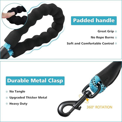 Rttochfy Rope Dog Leash 2/4/5/6/8/10 FT with Comfortable Padded Handle and Highly Reflective Threads for Small Medium and Large Dogs Heavy Duty (1/2"-10 FT, Black)