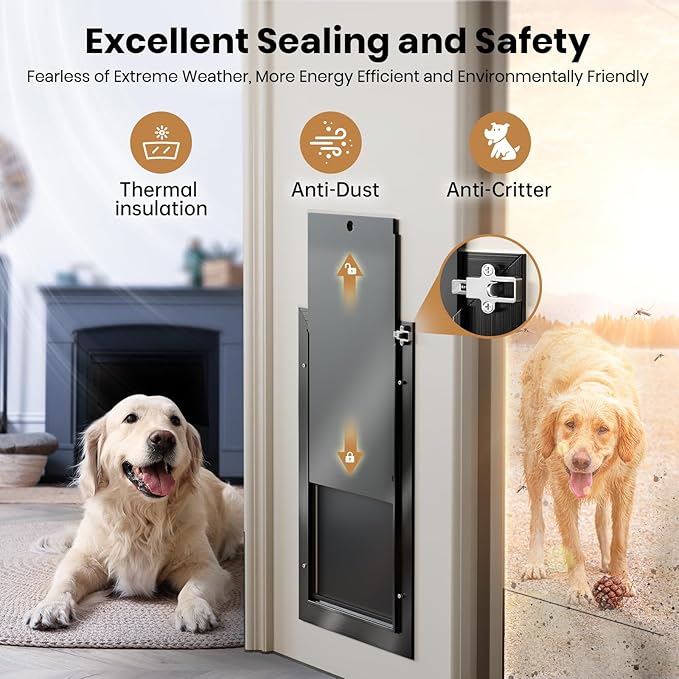 Dog Door for Door, Aluminum Alloy Pet Door, Heavy-Duty Doggy Door, Medium Dog Door, Adjustable Tunnel, with Dual Magnetic Flaps & Closing Panel & Double-Sided Locks, Pet Up to 45 LBS
