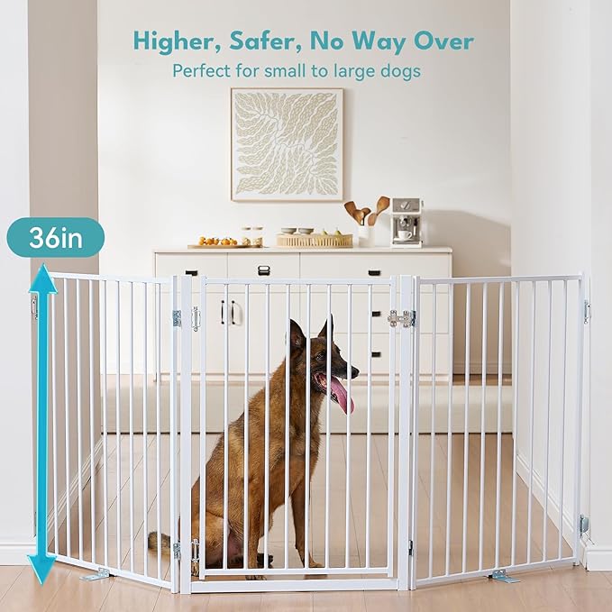 No Pawblems Free Standing Dog Gate with Door, 36'' Tall Foldable Dog Fence for Indoor & Outdoor, Up to 156 Inch Extra Wide Christmas Tree Fence, Hallways, Doorways, Deck, Yard (White, 6 Panels)