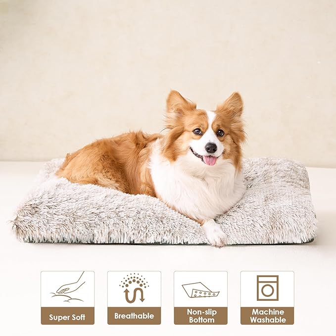 EHEYCIGA Fluffy Dog Crate Bed for Medium Dogs, Plush Faux Fur Crate Pad, Calming Anti Anxiety Medium Dog Bed, Washable Soft Warm Mat with Non-Slip Bottom, Brown