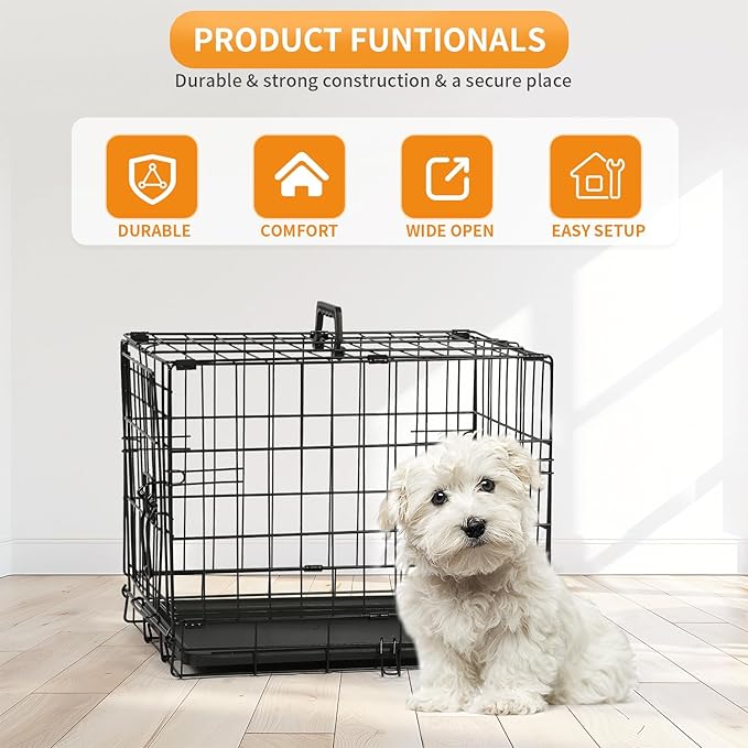 PayLessHere 18 Inch Dog Crate Kennel for Small Dogs Metal Cage Single-Door Folding Travel Indoor Outdoor Puppy Playpen with Divider and Handle Plastic Tray,Black