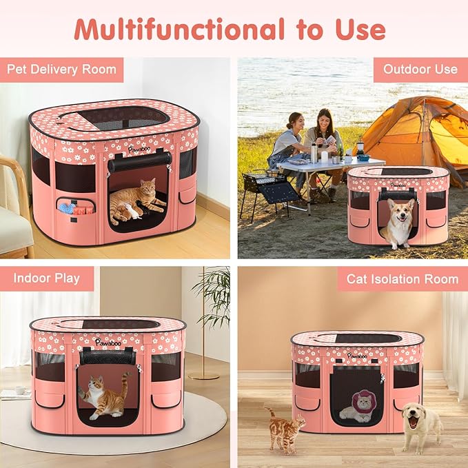 Dog Playpen, Portable Pet Cat PlayPen, 600D Oxford Dog Kennel Tent Crate, Waterproof&Breathable, Indoor Outdoor Travel Camping for Medium/Large Breed with Carrying Case+Bowl(M), Light Pink Flowers