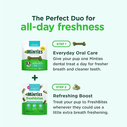 Minties FreshBites Soft and Chewy Dental Treats, Low Calorie Natural Mint Flavored Dental Chews for Dogs, 100 Count, Dog Chews Clean Teeth, Fight Bad Breath, Removes Plaque and Tartar