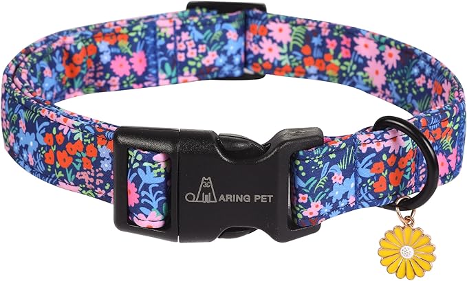 ARING PET Floral Dog Collar, Cute Blue Pink Orange Spring Summer Flower Doggy Pet Collars for Puppy Small Medium Large Girl Female Dogs-XL