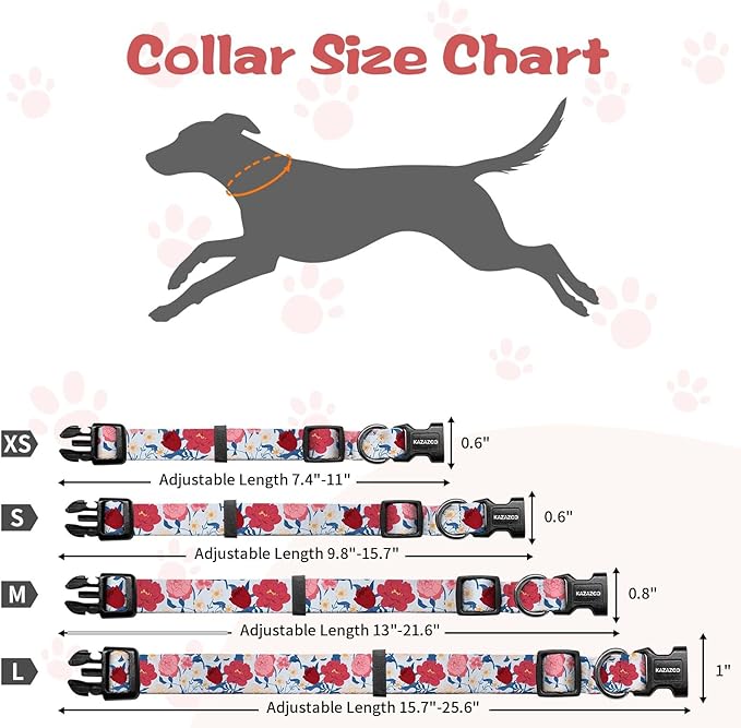 Kazazoo Dog Collar Cute and Soft Nylon Puppy Collar Girl, Adjustable Dog Collars for Medium Large Dogs, Blue and Pink Flowers-L