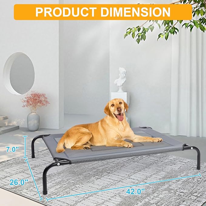 42'' Outdoor Elevated Dog Bed with Four Ice Pack, Raised Dogs Bed Medium Large Size Dogs, Breathable Cooling Dog Cot Beds with Six Support Feet, Outdoor Dog Hammock Bed, Outside Pet Bed(Medium)